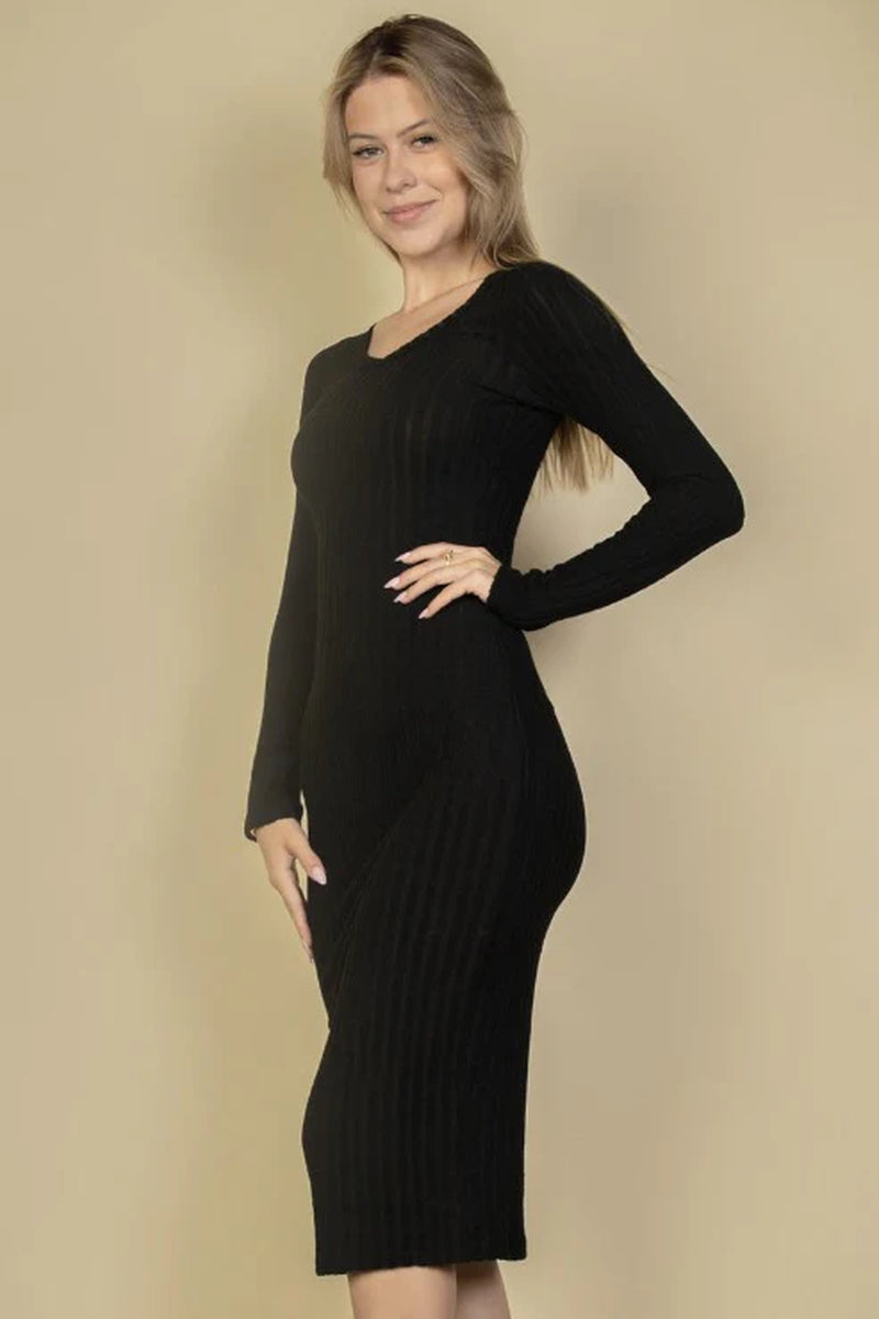 Sweater-Knit Fuzzy V Neck Bodycon Dress (CAPELLA)