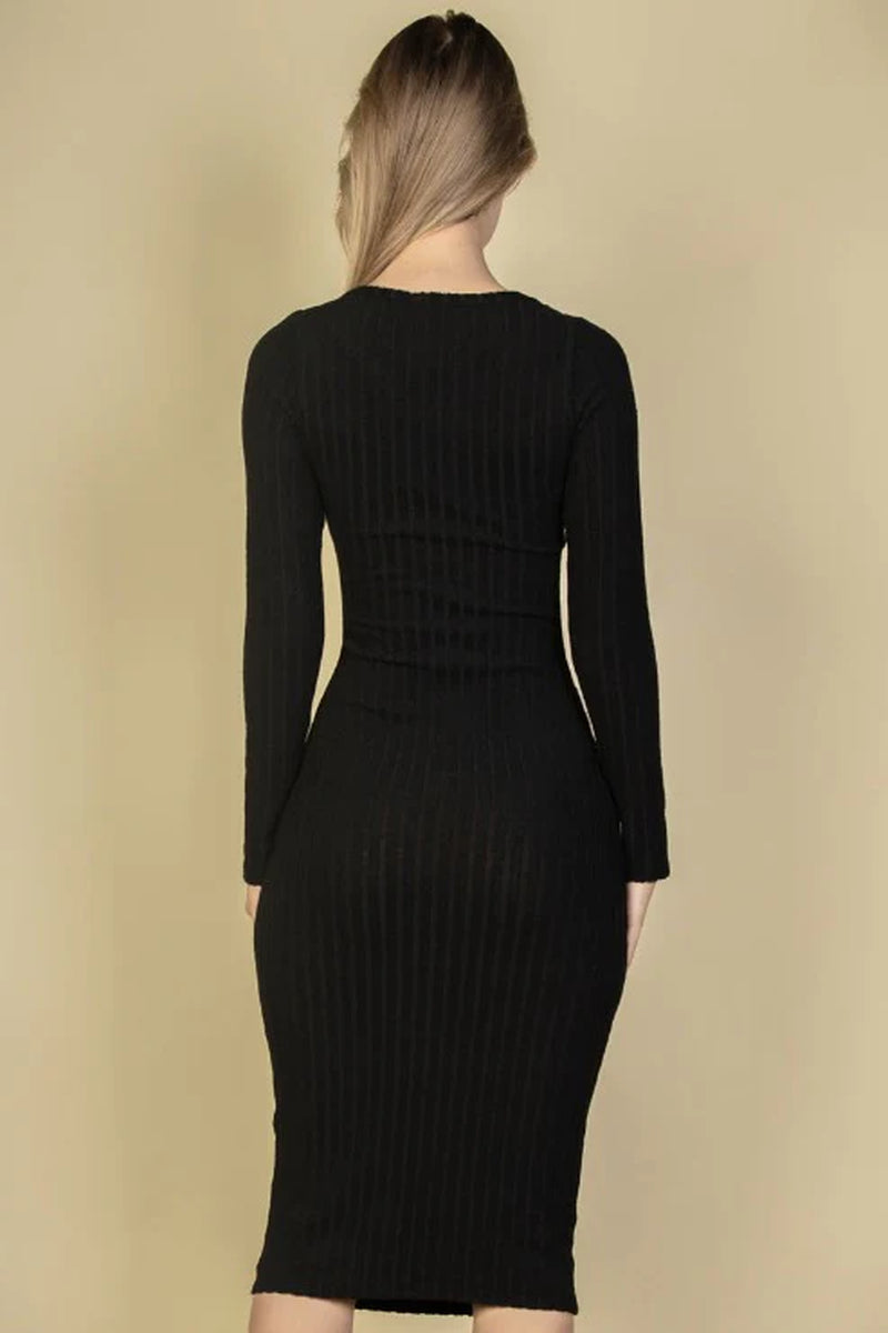 Sweater-Knit Fuzzy V Neck Bodycon Dress (CAPELLA)