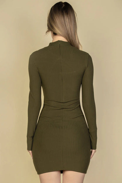 Ribbed Cut Out Front Long Sleeve Bodycon Mini Dress (CAPELLA)