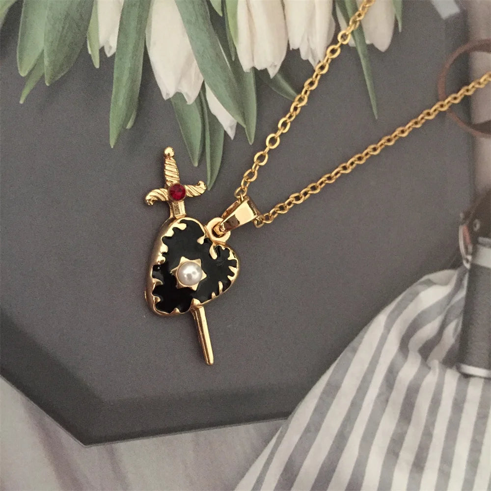 Gothic Gold Color Plating Sword Go Through Black Enamel Heart Charm Delicate Necklace 2025