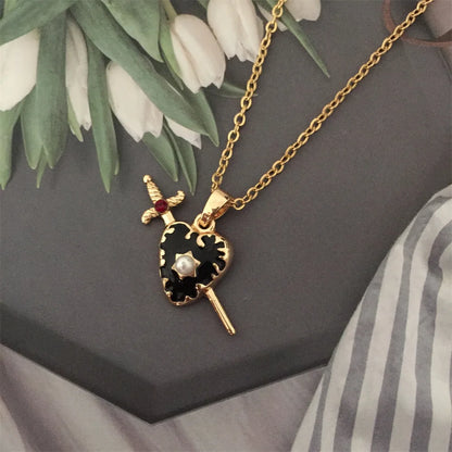 Gothic Gold Color Plating Sword Go Through Black Enamel Heart Charm Delicate Necklace 2025