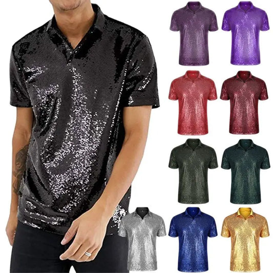 Casual Fashion Men's T-shirts Short Sleeve Sparkle Sequins Male Polo Shirt 70s Disco Costume for Nightclub Party