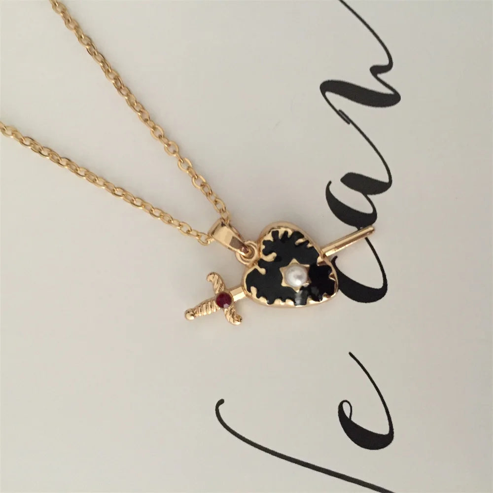 Gothic Gold Color Plating Sword Go Through Black Enamel Heart Charm Delicate Necklace 2025