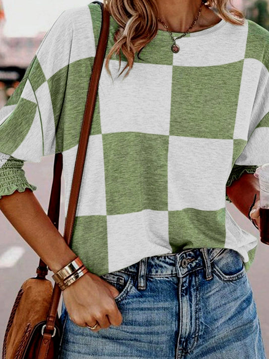 Summer New Arrival Stylish Cuff Smocking Pullover Thin European and American Leisure Style Chessboard Plaid Easiest for Match Short Sleeve T-shirt for Women