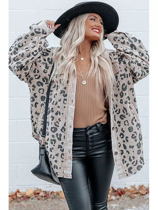 Corduroy Long Sleeves Leopard Print Loose Shirt Jacket