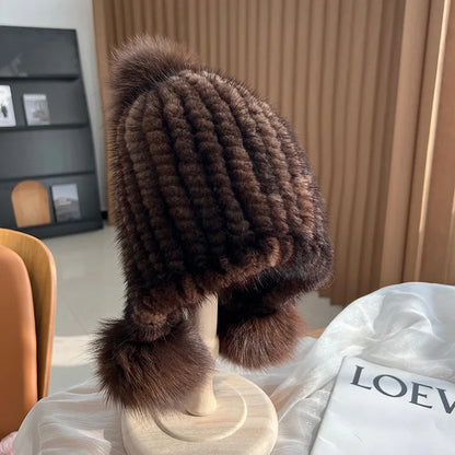 Winter Hot Sale Real Mink Fur Hat For Women Knitted Mink Fur Ear Warm Cap 2025