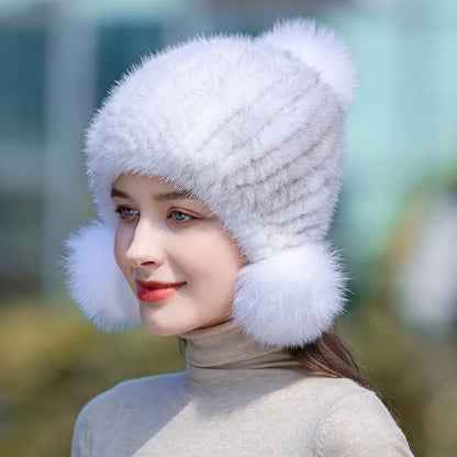 Winter Hot Sale Real Mink Fur Hat For Women Knitted Mink Fur Ear Warm Cap 2025