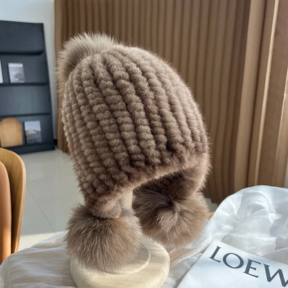 Winter Hot Sale Real Mink Fur Hat For Women Knitted Mink Fur Ear Warm Cap 2025