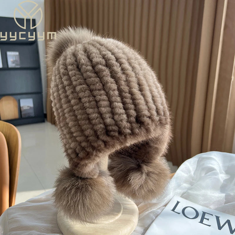 Winter Hot Sale Real Mink Fur Hat For Women Knitted Mink Fur Ear Warm Cap 2025