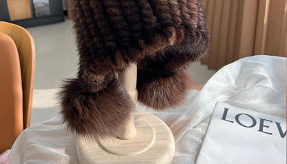 Winter Hot Sale Real Mink Fur Hat For Women Knitted Mink Fur Ear Warm Cap 2025