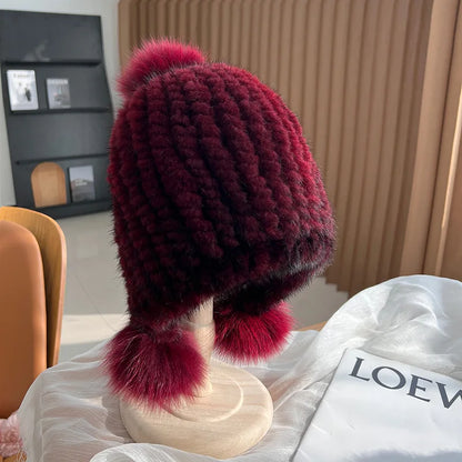 Winter Hot Sale Real Mink Fur Hat For Women Knitted Mink Fur Ear Warm Cap 2025