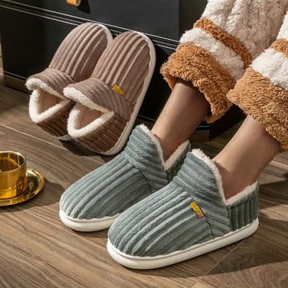 Winter Couple Style Simple Stripes Wrap Heels Plush Slippers Ladies' Non-slip Soft Warm Flip Flops Men Home Casual Cotton Shoes