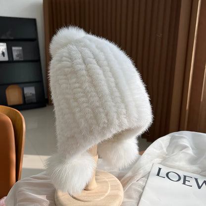 Winter Hot Sale Real Mink Fur Hat For Women Knitted Mink Fur Ear Warm Cap 2025