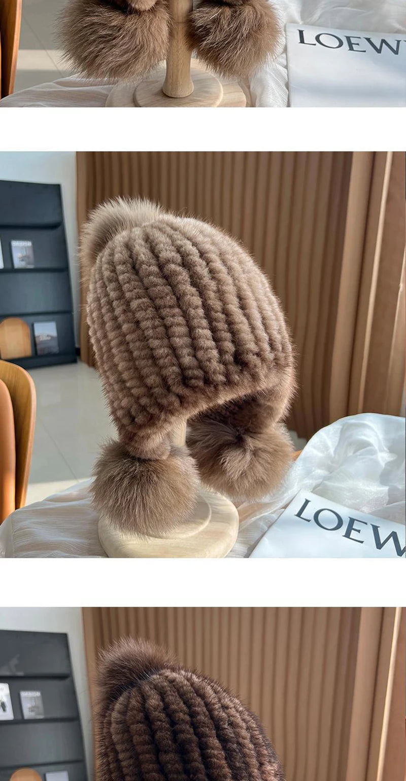 Winter Hot Sale Real Mink Fur Hat For Women Knitted Mink Fur Ear Warm Cap 2025