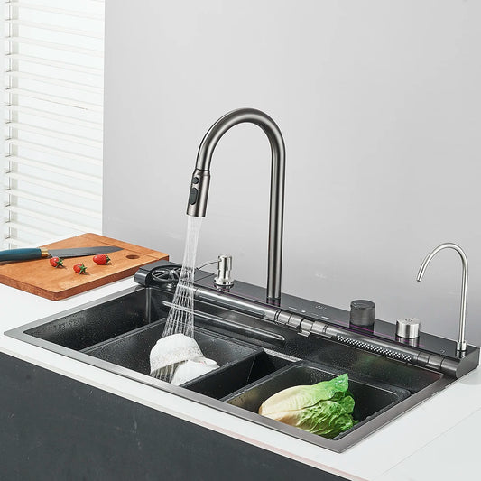 Grey Kitchen Sink Faucet Waterfall Dispenser Large Single Basin with Soap Cup Washer for Dishwashing