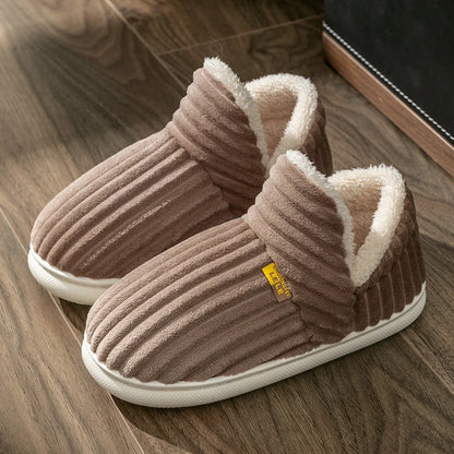 Winter Couple Style Simple Stripes Wrap Heels Plush Slippers Ladies' Non-slip Soft Warm Flip Flops Men Home Casual Cotton Shoes