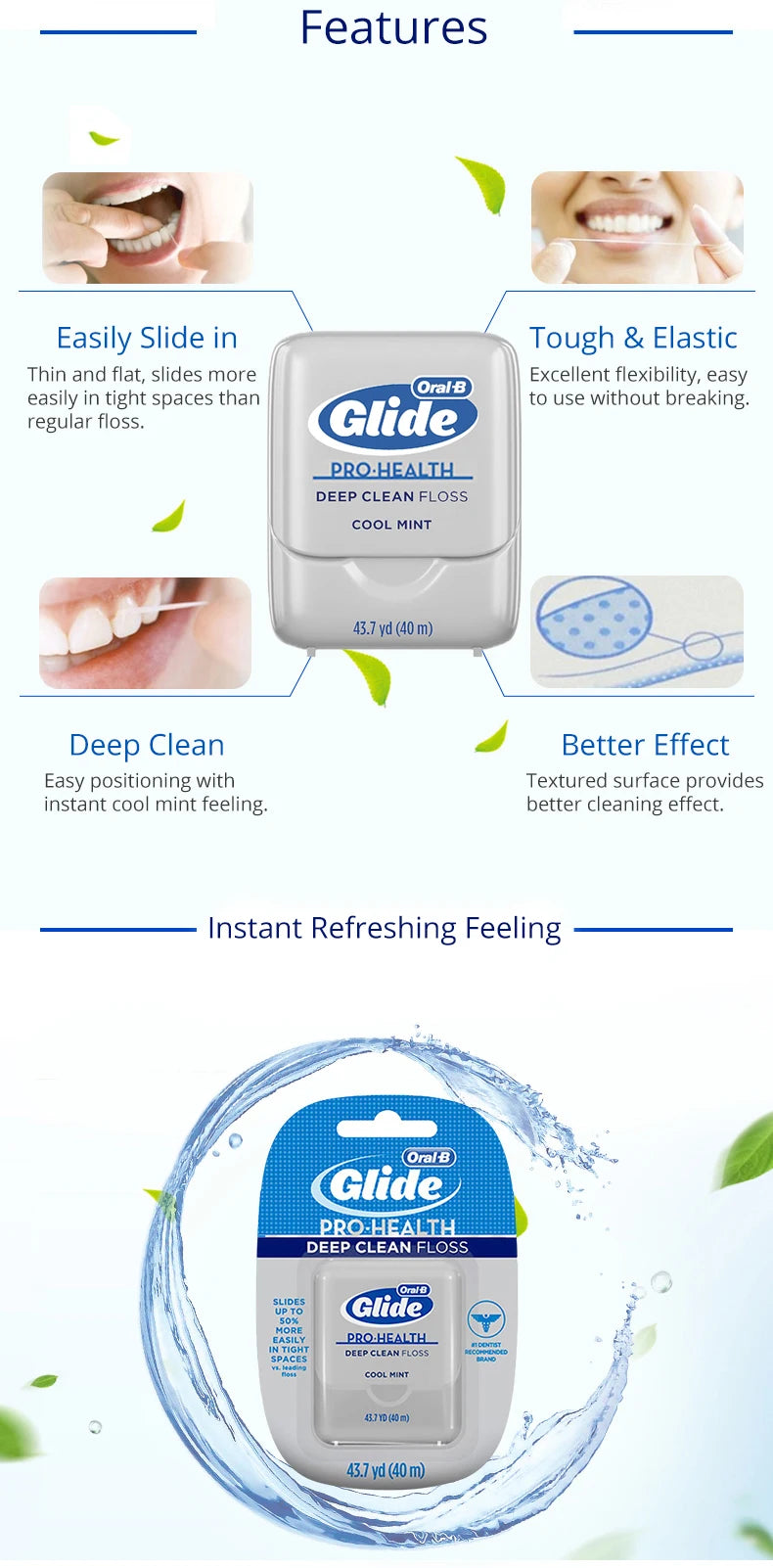 Oral B GLIDE Pro-Health Mint Deep Clean Floss Comfort Plus Dental Floss Silky Smooth Remove Stain 40m /pack