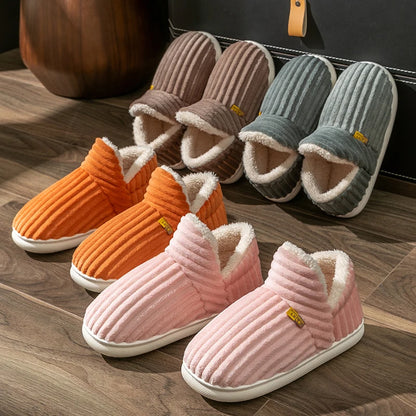 Winter Couple Style Simple Stripes Wrap Heels Plush Slippers Ladies' Non-slip Soft Warm Flip Flops Men Home Casual Cotton Shoes