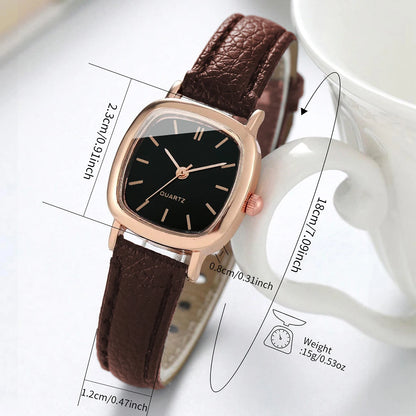 Fashion Square Women Watch Set with Leather Band Quartz Wristwatch Heart Bracelet Set for Stylish Timekeeping