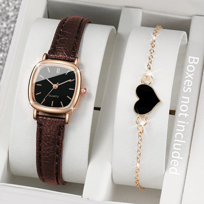 Fashion Square Women Watch Set with Leather Band Quartz Wristwatch Heart Bracelet Set for Stylish Timekeeping