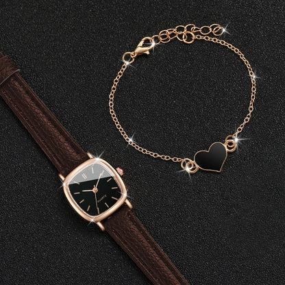 Fashion Square Women Watch Set with Leather Band Quartz Wristwatch Heart Bracelet Set for Stylish Timekeeping