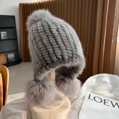 Winter Hot Sale Real Mink Fur Hat For Women Knitted Mink Fur Ear Warm Cap 2025