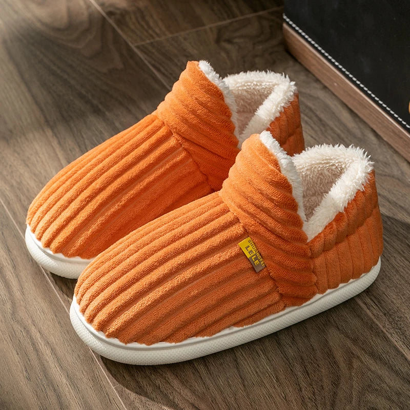 Winter Couple Style Simple Stripes Wrap Heels Plush Slippers Ladies' Non-slip Soft Warm Flip Flops Men Home Casual Cotton Shoes