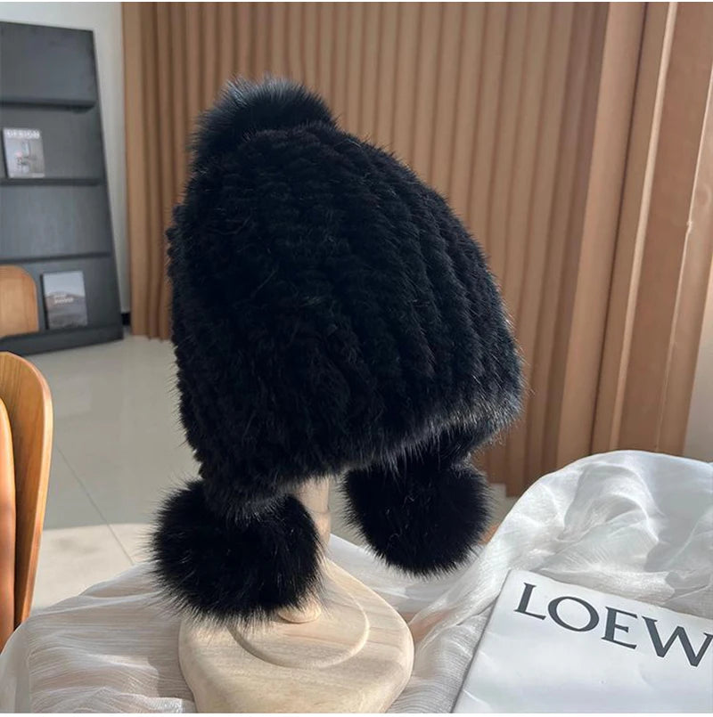 Winter Hot Sale Real Mink Fur Hat For Women Knitted Mink Fur Ear Warm Cap 2025