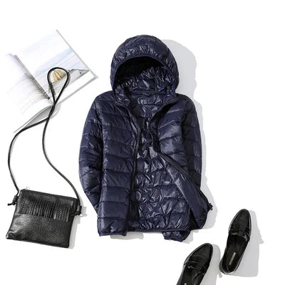 Ultra-light Thin Down Jacket Women 2025 Autumn Winter Slim Short Hooded