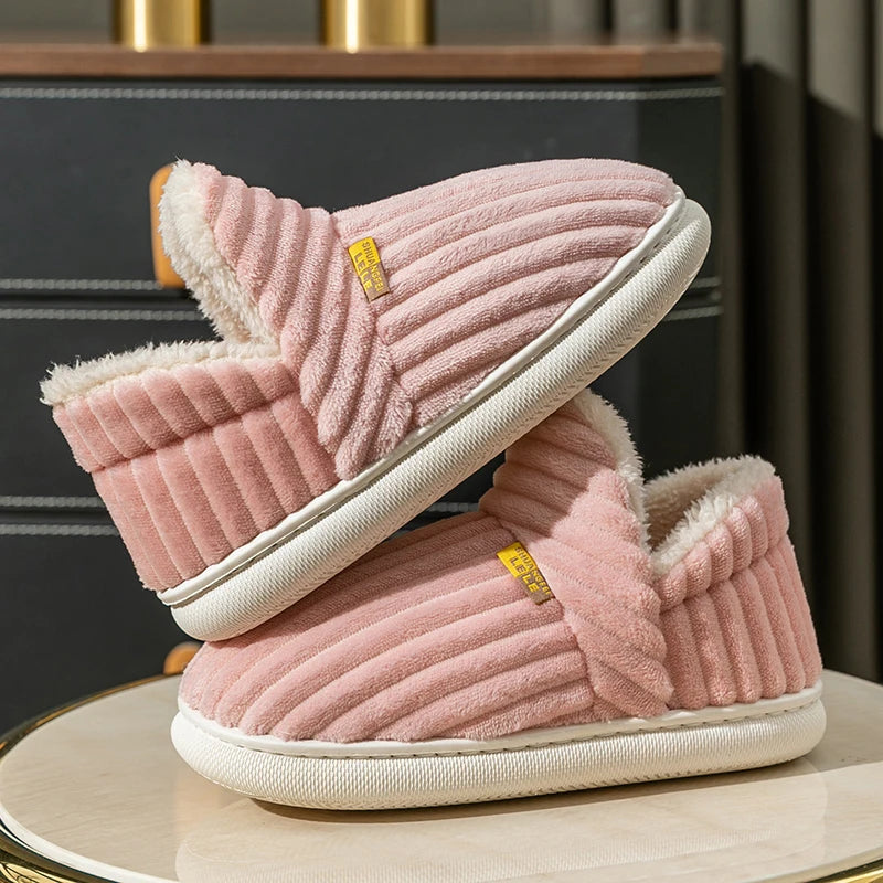 Winter Couple Style Simple Stripes Wrap Heels Plush Slippers Ladies' Non-slip Soft Warm Flip Flops Men Home Casual Cotton Shoes