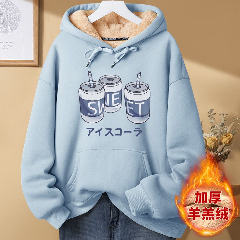 Plus-Velvet Hoodies Women Front Pockets Y2k Thicken Designer Print Cozy Vintage Hooded Harajuku Korean Streetwear Warm Aesthetic