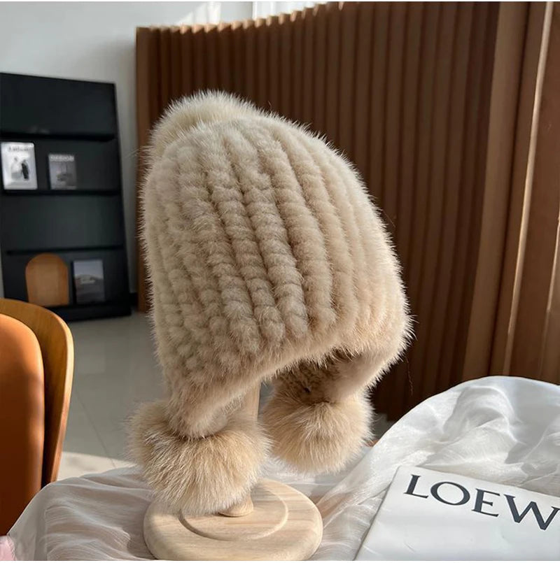 Winter Hot Sale Real Mink Fur Hat For Women Knitted Mink Fur Ear Warm Cap 2025