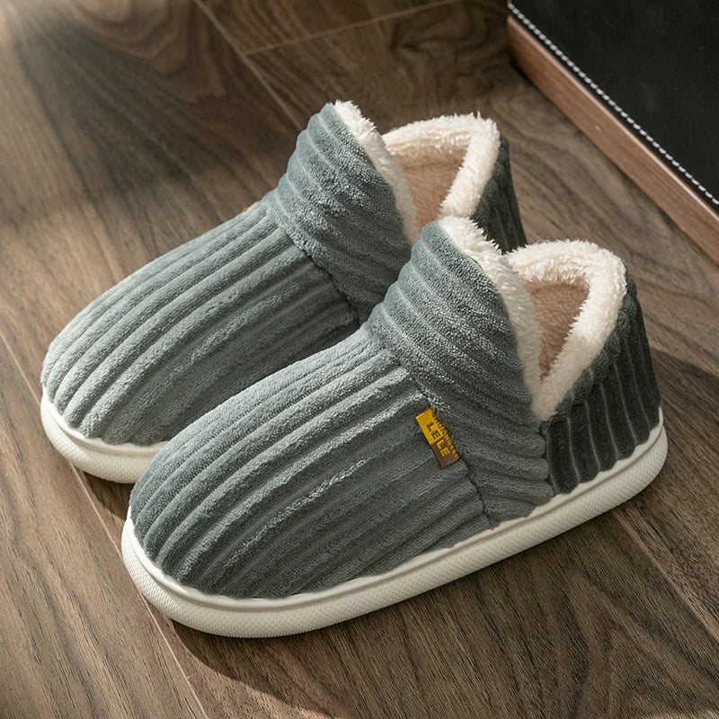 Winter Couple Style Simple Stripes Wrap Heels Plush Slippers Ladies' Non-slip Soft Warm Flip Flops Men Home Casual Cotton Shoes