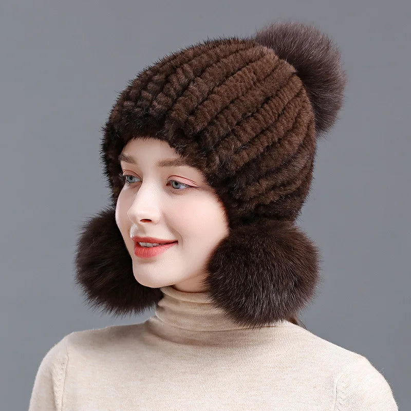 Winter Hot Sale Real Mink Fur Hat For Women Knitted Mink Fur Ear Warm Cap 2025