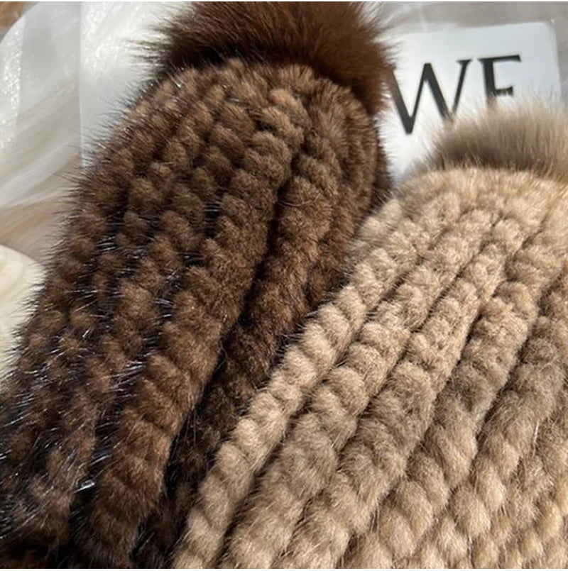 Winter Hot Sale Real Mink Fur Hat For Women Knitted Mink Fur Ear Warm Cap 2025