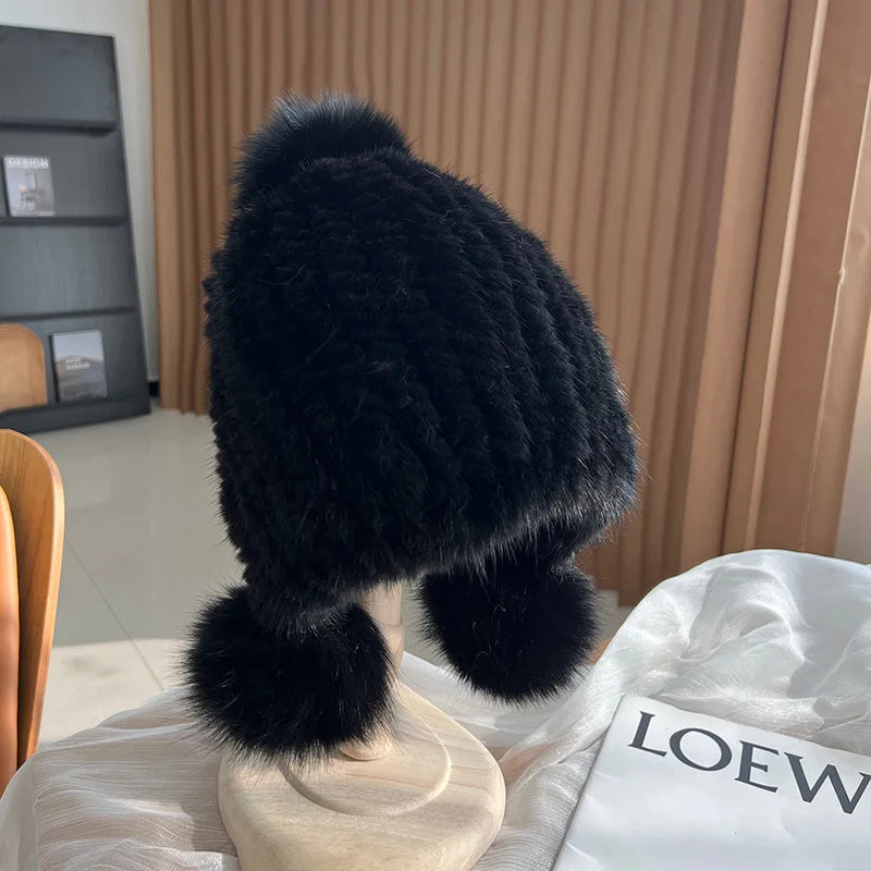 Winter Hot Sale Real Mink Fur Hat For Women Knitted Mink Fur Ear Warm Cap 2025