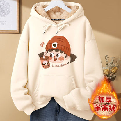 Plus-Velvet Hoodies Women Front Pockets Y2k Thicken Designer Print Cozy Vintage Hooded Harajuku Korean Streetwear Warm Aesthetic