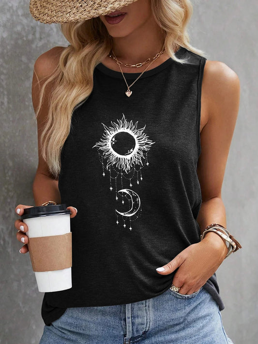 Sun & Moon Print Tank Top Sleeveless Casual Top For Summer & Spring Women's Clothing