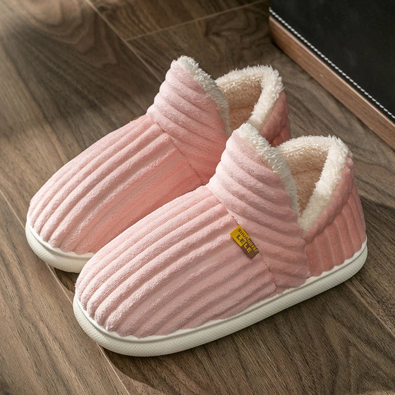 Winter Couple Style Simple Stripes Wrap Heels Plush Slippers Ladies' Non-slip Soft Warm Flip Flops Men Home Casual Cotton Shoes