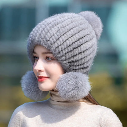 Winter Hot Sale Real Mink Fur Hat For Women Knitted Mink Fur Ear Warm Cap 2025