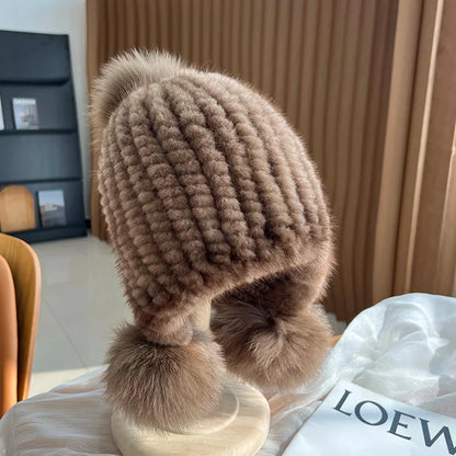 Winter Hot Sale Real Mink Fur Hat For Women Knitted Mink Fur Ear Warm Cap 2025