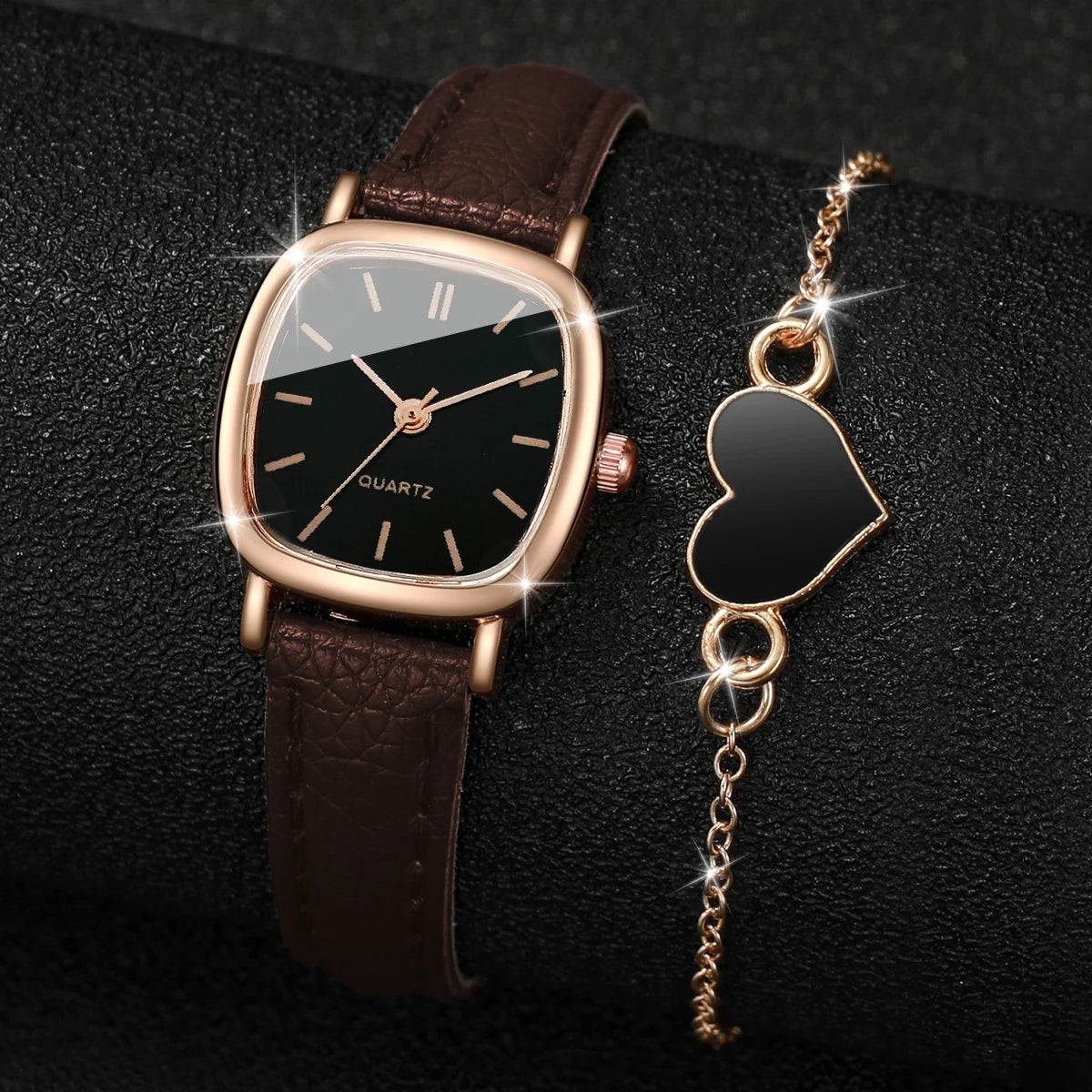 Fashion Square Women Watch Set with Leather Band Quartz Wristwatch Heart Bracelet Set for Stylish Timekeeping