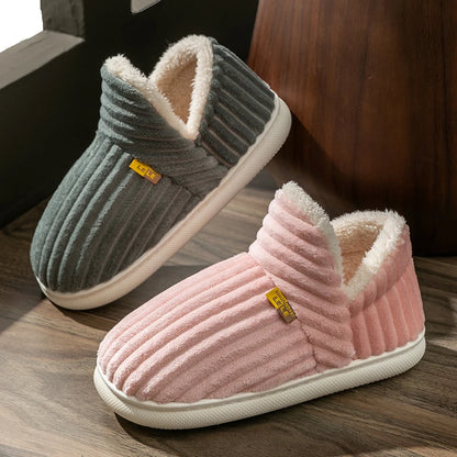 Winter Couple Style Simple Stripes Wrap Heels Plush Slippers Ladies' Non-slip Soft Warm Flip Flops Men Home Casual Cotton Shoes