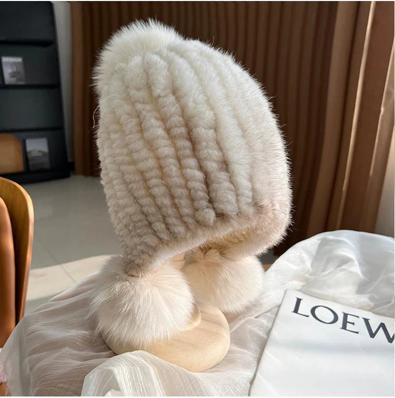 Winter Hot Sale Real Mink Fur Hat For Women Knitted Mink Fur Ear Warm Cap 2025