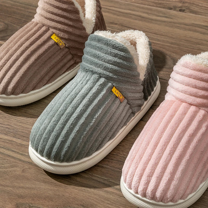 Winter Couple Style Simple Stripes Wrap Heels Plush Slippers Ladies' Non-slip Soft Warm Flip Flops Men Home Casual Cotton Shoes