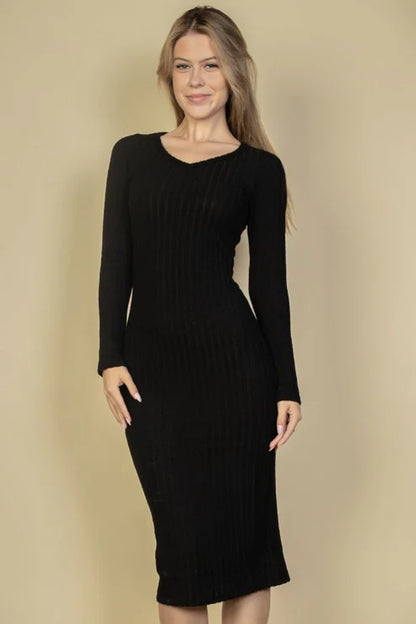 Sweater-Knit Fuzzy V Neck Bodycon Dress (CAPELLA)